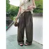 "Calça de Deus fora da caixa" Primavera/Verão Algodão Puro Cinza-Verde Versátil Cintura Elástica Calças Casuais Calças de Perna Larga Feminino -77826