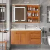 Juego de mueble de baño de roble con lavabo integrado de cerámica, mueble bajo lavabo y mueble espejo inteligente