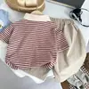 Conjunto de Verano para Niños, Conjunto Casual a Rayas de Manga Corta con Cuello Campana, Elegante Top de Manga Corta con Pantalones de 7/8 para Niños Pequeños