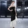 Vestido de Noche Negro sin Tirantes para Socialités de Banquetes, Lujo Ligero de Gama Alta Lentejuelas Temperamento Anfitrión Sirena Volante Vestido Largo