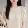 Camiseta delgada de punto hueco con mangas cortas, cuello redondo, corte ajustado, de lana finamente hilada, elegante y simple, estilo francés, top versátil para ir al trabajo