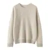 Suéter feminino de cashmere com gola redonda, trama aberta, padrão jacquard, caimento relaxado, design tridimensional, mangas longas e estilo solto e quente para outono e inverno
