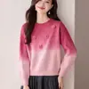 Tejido de punto con flores tie-dye degradadas de manga larga para mujer Otoño e Invierno 2025 Nuevo Top Básico de Punto Holgado Estilo Perezoso