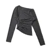 25 Nuevo Top Camiseta de Otoño Sexy con Hombro Caído Descubierto Cintura Fruncida Rayas Ajustadas Estilo Europeo y Americano Sexy