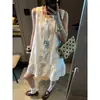 Vestido Regata Mochie Estilo Resort Girly Bordado Jacquard Vazado Resistente com Amarração Sem Mangas Mq1381