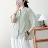 Camisa Retro Azul Artística para Mulheres, Novo Estilo Verão 2026, Caimento Solto, Decote V Emagrecedor, Manga Curta, Top Casual Versátil