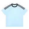 Camiseta de algodão com ombro caído, marca de moda, três listras, gola redonda, manga curta, 200g, modelagem solta, macia, confortável, curinga, masculina e feminina, imprimível