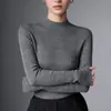 Top de punto base 100% imitación lana pura para mujer, con cuello semi alto, patrón de espiga, corte ajustado y mangas largas