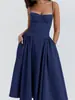 Roupas femininas transfronteiriças europeias e americanas de 2026: Vestido longo liso sem alças, confortável, estilo francês, para o trabalho do dia a dia