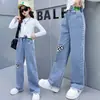 Calça jeans wide leg para meninas Primavera e Outono 2023 nova vestuário infantil atacado rede popular tendência calças para crianças grandes e pequenas calças retas