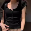 Camiseta de Manga Corta con Hombro Derecho y Cuello en U Ajustada para Chicas Atractivas, Nuevo Diseño de Manga Media para Verano, Top de Cintura Alta que Muestra el Ombligo para Personas Bajitas