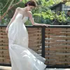 Vestido Halter Estilo Francés para Mujer Primavera/Verano 2026 Chifón Sin Tirantes Largo Vestido de Vacaciones Blanco Ajustado con Etiquetas