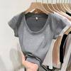 Playera básica de punto de manga corta para mujer con cuello en U puro, hilo, corte ajustado, primavera y verano, rayas pit, dopamina, reductora de edad, interior