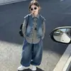 Conjunto Moderno y Genial para Niñas 2026 Nuevo Otoño-Primavera Estilo Coreano Elegante Camisa a Cuadros Chaleco de Mezclilla Conjunto de Tres Piezas