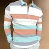 Camisa polo de manga larga con cremallera para hombre, europea y americana, nueva para otoño e invierno, con estampado digital, polo a rayas casual