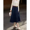 Saia midi plissada em A lavada, saia jeans de algodão puro vintage modeladora de cintura alta, estilo coreano 2026