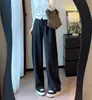 Textura sutil y elegante hilo slub suave y liso cordón para ajustar cintura alta pierna recta ancha pantalones casuales para mujer 26 Otoño H092212