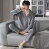 Pijama Masculino Outono e Inverno Novo Combinação Justa Algodão Calça de Manga Comprida Roupas de Casa para Meia-idade e Idosos Terno de Cor Sólida de Alta Qualidade