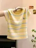 Conjunto coreano de alta gama para talla grande de 100 kg, camiseta de seda helada de manga corta para mujer, top juvenil a rayas bordado de verano