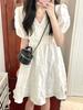 Vestido estilo francés con escote en V y mangas abullonadas para mujer, estilo coreano, blanco, de longitud media, de línea A, de moda para mujer.