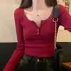 Venta al por mayor transfronteriza Otoño e Invierno Cuello de Botones Hilo Sexy Elegante Efecto Adelgazante Camiseta de Manga Larga Top Camiseta Interior para Mujer