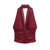 Sexy camisola de malla con espalda descubierta y cuello halter para mujer, nueva moda de otoño, top sin mangas ajustado con escote en V profundo y fruncido