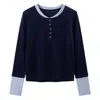 Confortável blusa Henley de manga comprida, estilo duas peças, em tecido escovado e artificial, para mulheres, corte justo, elástica, com blocos de cor, camiseta de base para primavera/outono