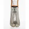 Pantalones de Verano con Estampado de Letras Retro Americano, Rayas, Plisados, Forma de Cimitarra, Cordón, Holgados, Pierna Ancha, Casual