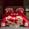 Juego de Cuatro Piezas de Algodón de Fibra Larga de Alta Gama para Boda, 100 Piezas, Colcha de Algodón Puro Rojo Brillante con Bordado de Dragón y Fénix, Ropa de Cama para Boda