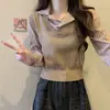 2025 Nuevo Suéter de Punto con Empalme Suéter para Mujer Rayado de Manga Larga Otoño e Invierno Festivo Diseño de Dos Piezas Camisa Top Básico