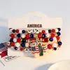 Nova Pulseira da Bandeira Americana Dia da Independência Pingente de Liga Vermelho, Branco e Azul Conjunto de Pulseiras de Contas Multicamadas