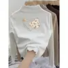 Camiseta Tendência Outono e Inverno em Veludo Alemão de Manga Longa com Bordas Franzidas para Bebês Meninas, Blusa Interna Fashion, Camiseta Básica Casual para Meninas