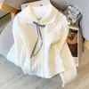Suéter de punto azul estilo coreano con botones, lazo, cuello de muñeca y manga larga para mujer, top dulce de otoño ajustado