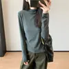 Conjunto de trabalho~Camiseta básica elegante de gola alta, cor sólida, manga longa, camada base fina confortável para mulheres, novo estilo de outono