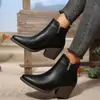 Botas de tornozelo de salto grosso com bico fino e zíper lateral, estilo novo outono e inverno 2026, moda feminina importada plus size, botas de couro slim fit europeias e americanas