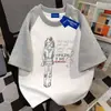 Camiseta de algodão 100% puro, estilo high street coreano, versátil, com estampa de estrela, manga curta, para homens e mulheres, top de retalhos casual soltinho de verão para casais