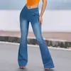 Calça Jeans de Cintura Alta com Barra Flare Cruzada e Efeito Drapeado, Emagrecimento, Esticável, Levanta Bumbum Cruzado, Estilo Europeu e Americano, Calça Jeans Longa Levemente Flare