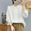 Camisa Blanca de Manga Larga de Gasa de Algodón de Doble Capa con Encaje y Ganchillo, Simple, Artística y Fresca, para Mujer, Camiseta Básica de Estudiante, Primavera 2026