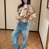 Cardigan de Tricô de Lã Feminino Leatherc, Estilo Outono Old Money, Top Suéter Falso Duas Peças com Patchwork de Linho e Gola Alta