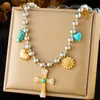 Collar de Cadena de Perlas de Imitación de Moda Transfronterizo Cadena para la Clavícula Pequeño Fresco Colgante de Acero Inoxidable con Forma de Mariposa Flor Cruz
