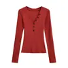Camiseta de Manga Larga con Botones, Cuello en V Profundo, Corte Ajustado, Estilo Otoño Nuevo, Camiseta Básica Versátil y Elegante, Top Corto de Moda