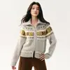 Suéter de cashmere com gola Fair Isle, cardigã de tricô com zíper, estilo retro solto e relaxado para o início do outono feminino