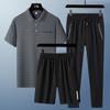 Conjunto Esportivo de Seda Gelada de Verão Masculino Três Peças Camisa Polo Masculina Manga Curta Casual Calça de Seda Gelada Shorts de Seda Gelada Manga Curta