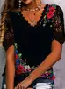 Novidades Primavera e Verão 2025 Roupas Femininas Amazon Europeu e Americano Transfronteiriço Renda Costurada Moda Estampada Camiseta de Manga Curta Tops para Mulheres