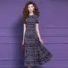 Vestido azul estampado Feimengyi para mulheres, de manga curta, estilo étnico vintage de verão, moderno, gola redonda, vestido que emagrece