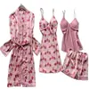 Lencería Sexy Popular Europea y Americana Tirantes Estampados de Encaje Pantalones Cortos de Encaje Cárdigan Bata de Casa Juego de Cinco Piezas