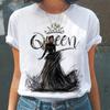 Amazon Moda Feminina Padrão Rainha Distintivo Manga Curta Estampada Camiseta Europeia e Americana Gola Redonda Feminina