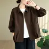 Foto real de casaco curto artístico para mulheres, primavera e outono de 2026, corte solto, plus size, casual, versátil, blusa de manga longa com gola polo para mulheres