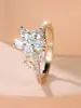 Anillo Abierto Floral de Lujo con Diamantes Completos para Mujer, Anillo Ajustable de Flor de Cinco Pétalos Tridimensional en Oro