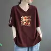 Top Casual Holgado de Manga Corta con Cuello en V para Mujer de Tallas Grandes, Efecto Adelgazante, Diseño Estampado, Estilo de Nicho, Comercio Exterior Transfronterizo
